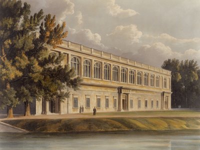 Exterior de la Biblioteca Trinity desde los Jardines de St. Johns, Cambridge, de The History of Cambridge, grabado por Joseph Constantine Stadler (fl.1780-1812), pub. por R. Ackermann, 1815 de William after Westall